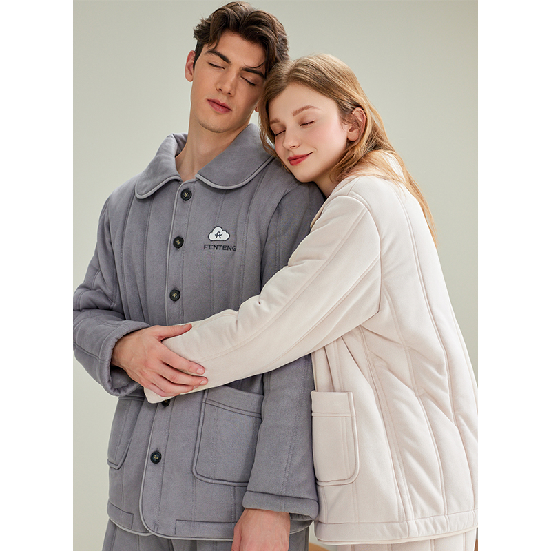 芬腾情侣睡衣冬款冬季珊瑚绒夹棉女士套装三层加厚加绒家居服秋冬