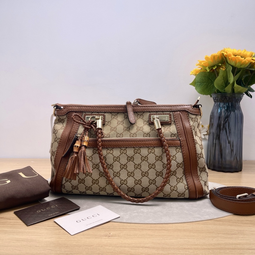 95新 GUCCI/古驰 【九筒奢品】乌木色老花竹节/单肩包/5664