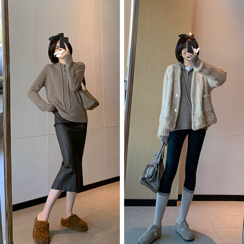 漫颜刘纯色针织衫2023秋冬新品长袖连帽套头纯色通勤宽松上衣女