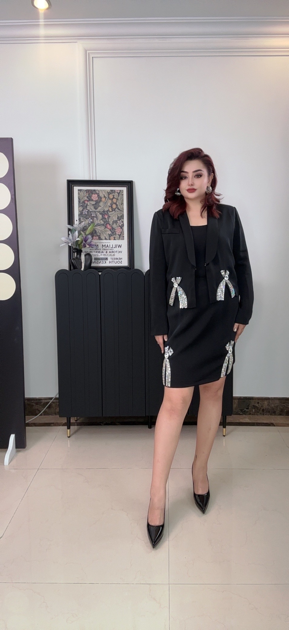 新款重工带钻西装短裙套装