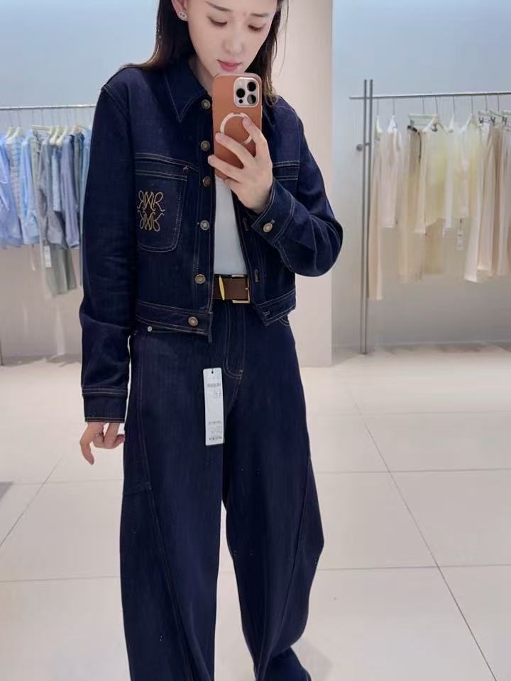 套装-135B103113艾家短款口袋刺绣翻领气质牛仔