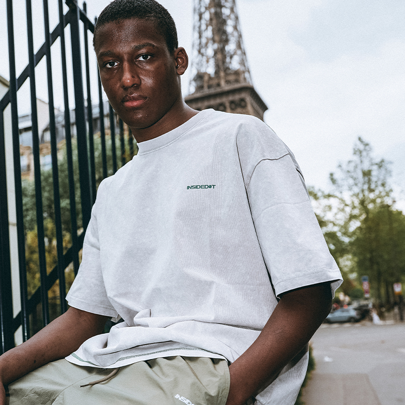 INSIDEDOT春夏吉时运动休闲圆领短袖男新设计水洗做旧绿色宽松T恤