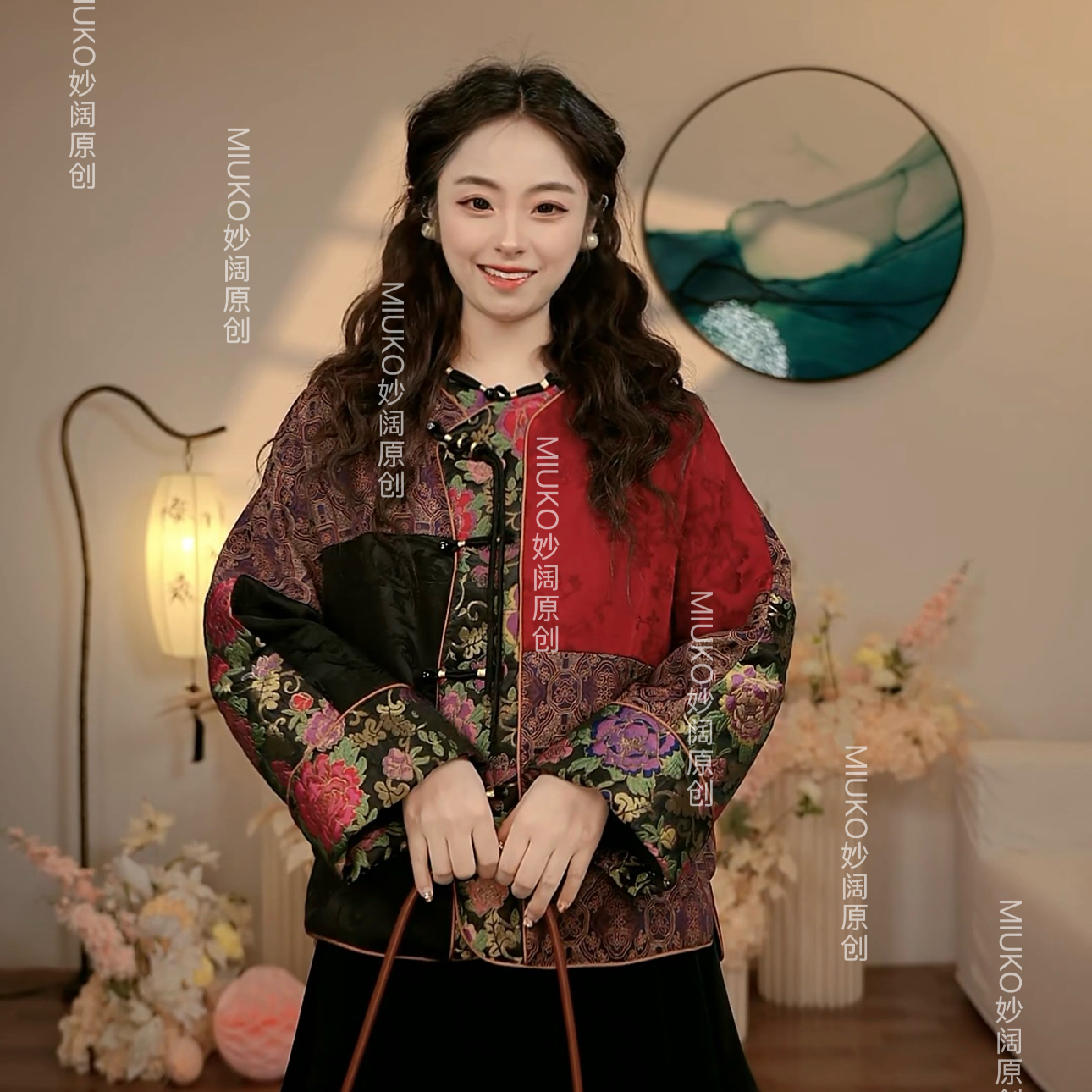 国风拼接提花羽绒服女 复古盘扣撞色设计感冬季保暖外套