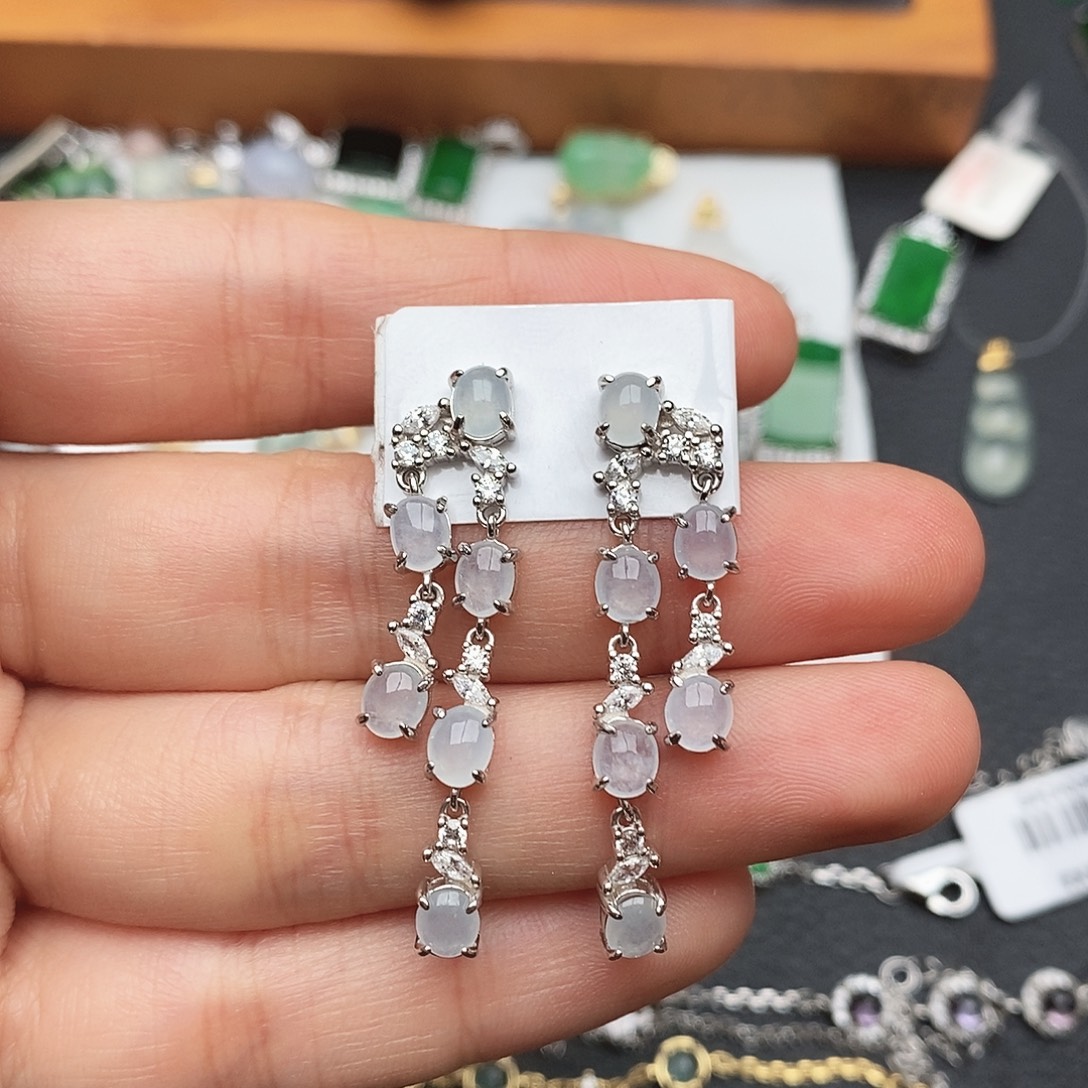 翡翠银S925镶嵌戒指白冰耳坠