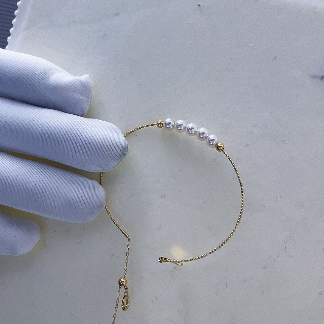 海水珍珠海水akoya五珠手链4-5mm18K金镶嵌