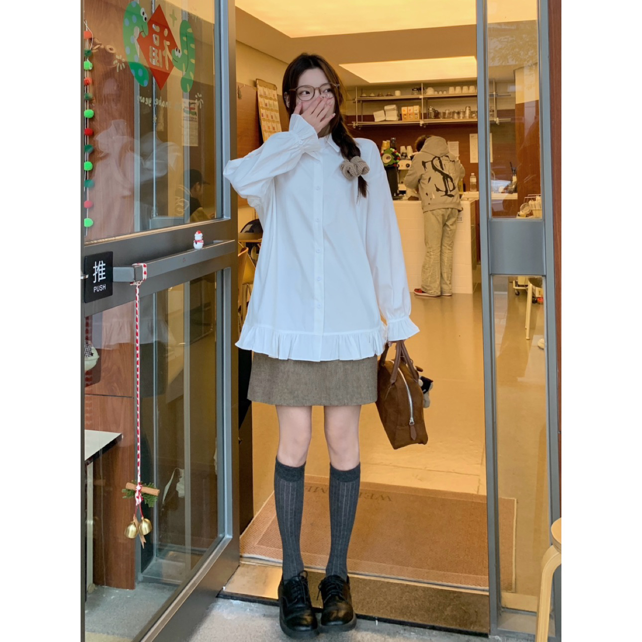 Y1255 长款宽松百搭花边衬衫春夏女复古翻领衬衣全棉氛围感上衣
