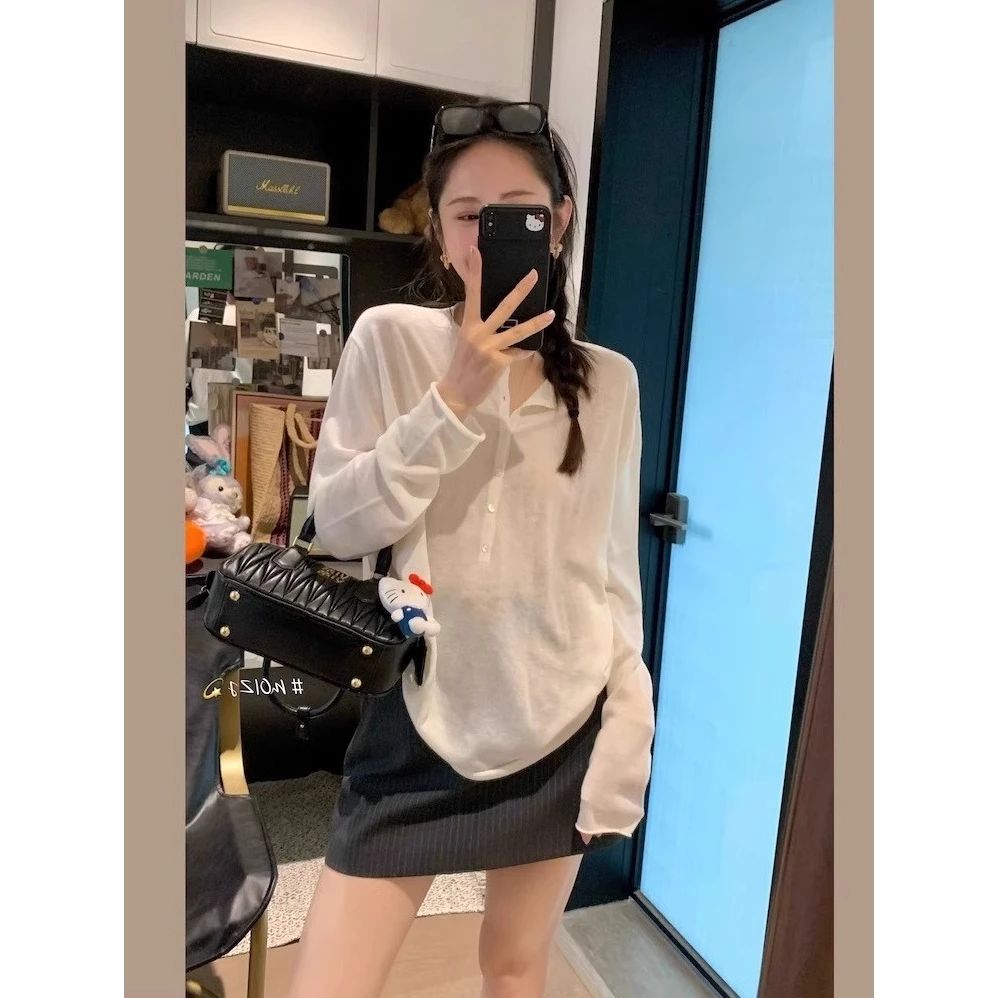 韩版纯色微透防晒拼接T恤女慵懒风休闲设计感减显瘦薄款上衣#6053