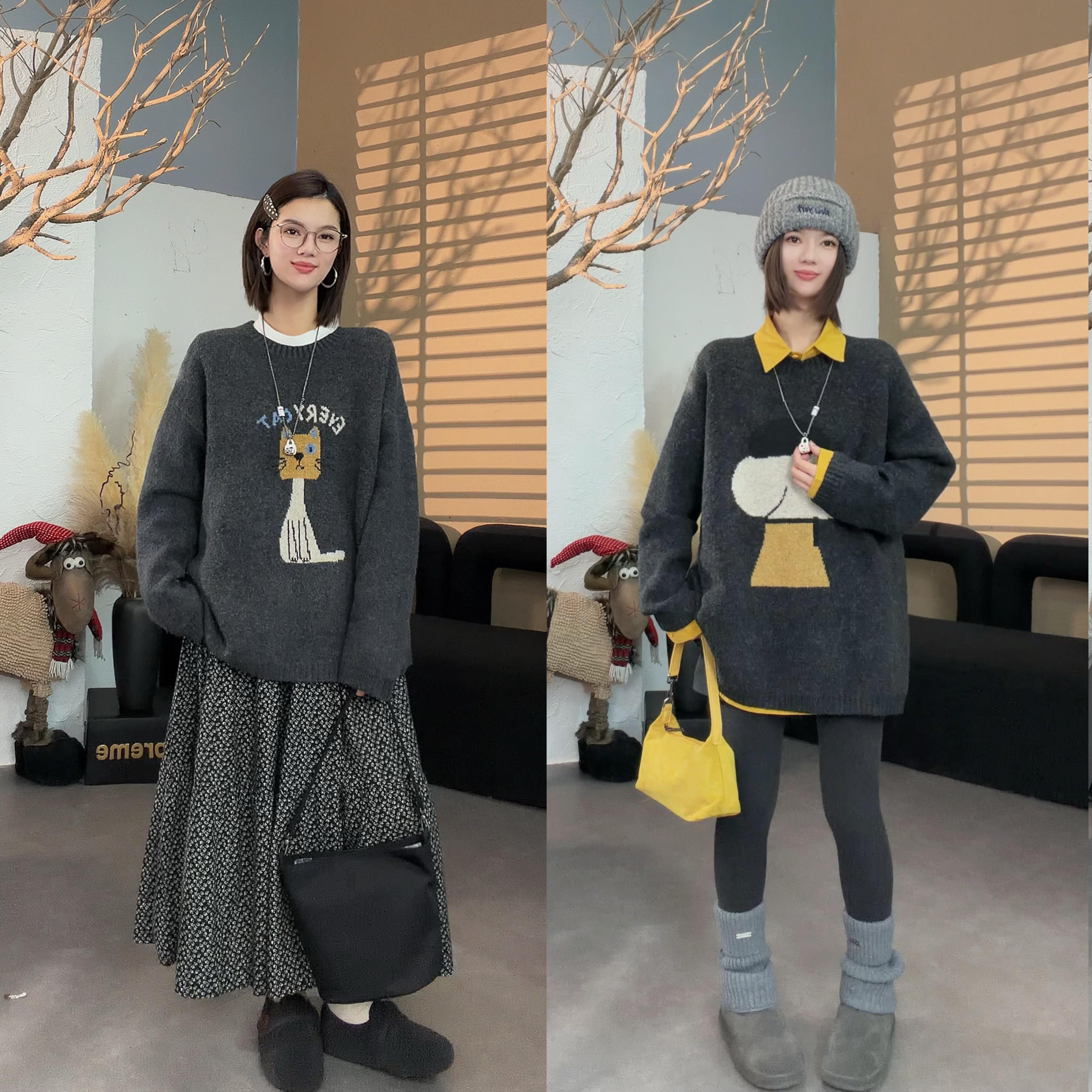 【SI MO】3791冬季新款双面色织卡通百搭圆领加厚毛衣