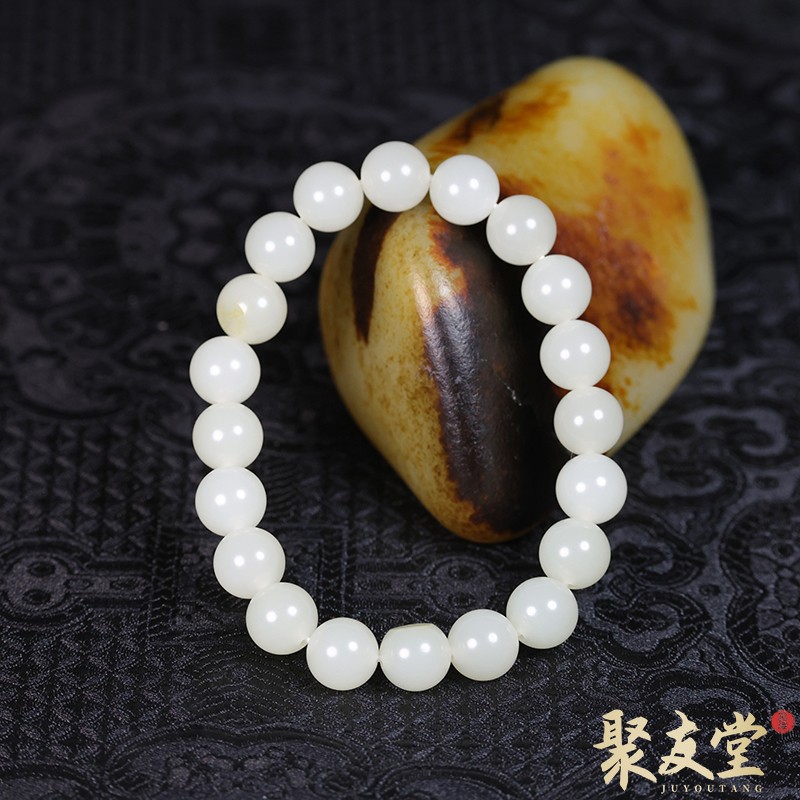 W66聚友堂王伟玉雕10mm新疆和田玉籽料单圈圆珠手链珠串手串697