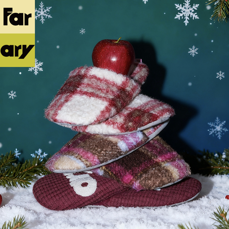 farfary番薯泥渐变格纹高端女家居软底居家拖鞋节庆送礼毛绒圣诞