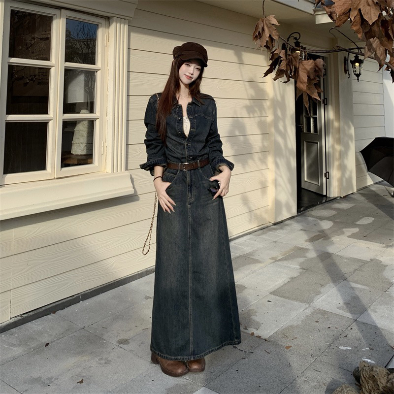 高个子大码复古牛仔连衣裙新款设计感小众长袖牛仔连体裙