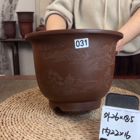 紫砂花盆紫玉金砂大金钟满刻山水031