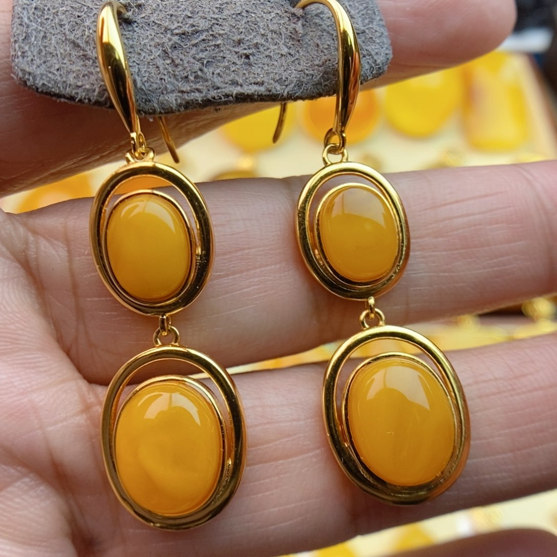 琥珀耳饰银S925镀金镶嵌