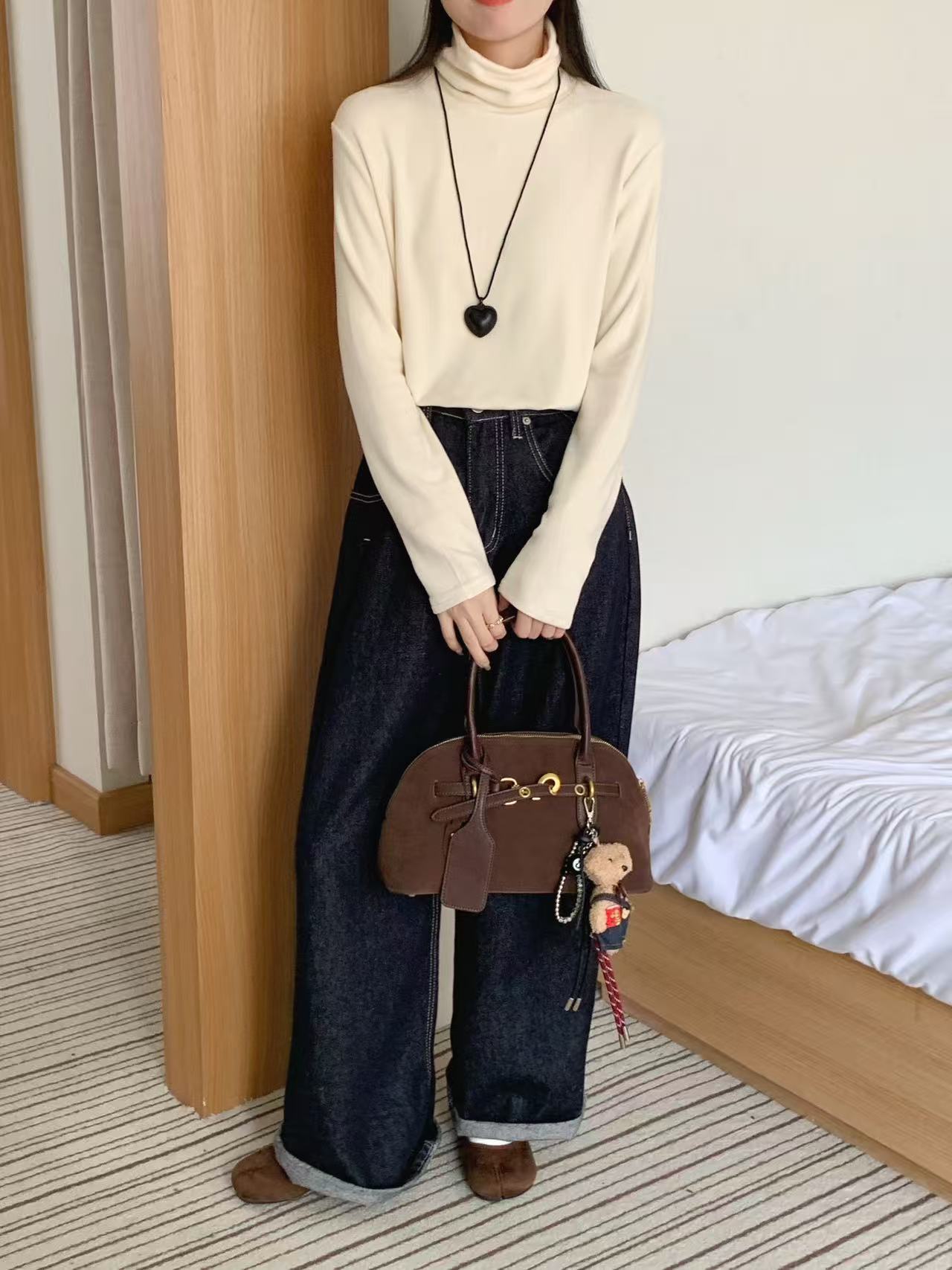 冬季竖坑条磨毛加厚极简风长袖堆堆领保暖高领打底针织衫