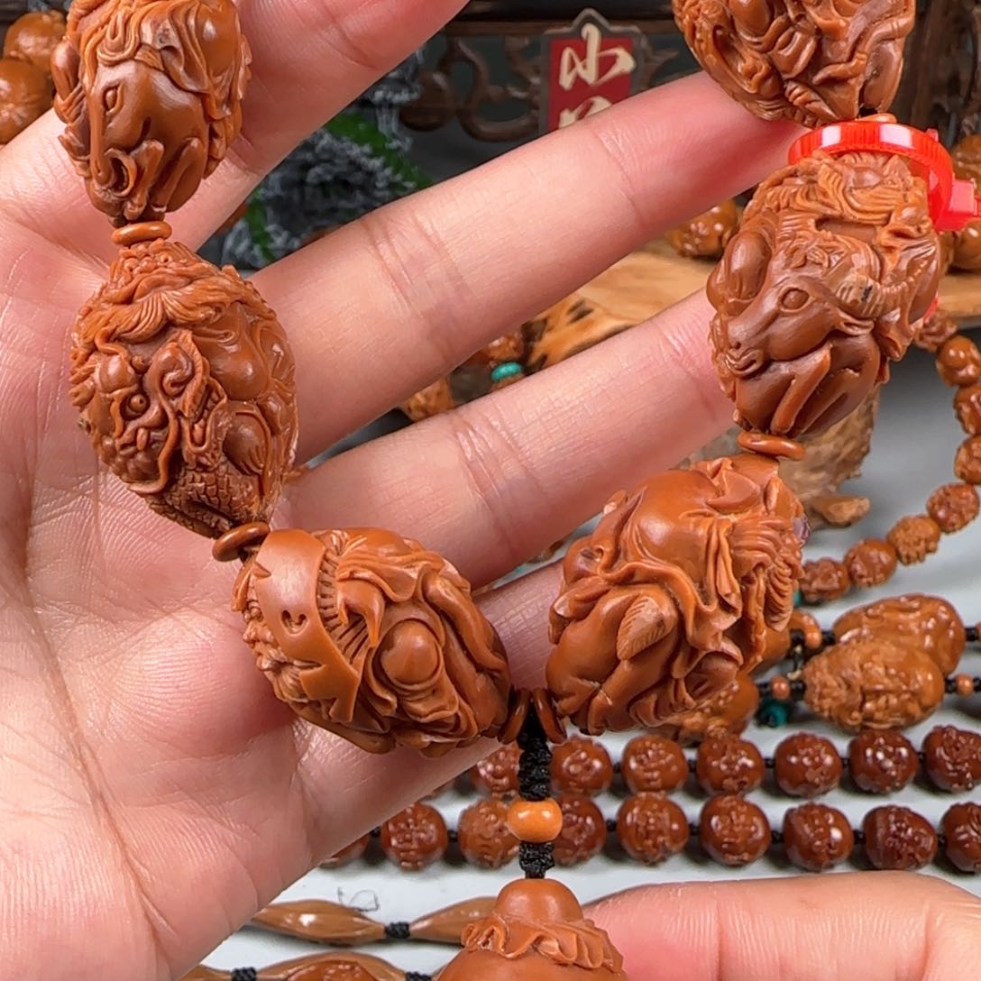 橄榄核手串/手链宽2.2鸡血红水晶核骑兽钟馗手串手持