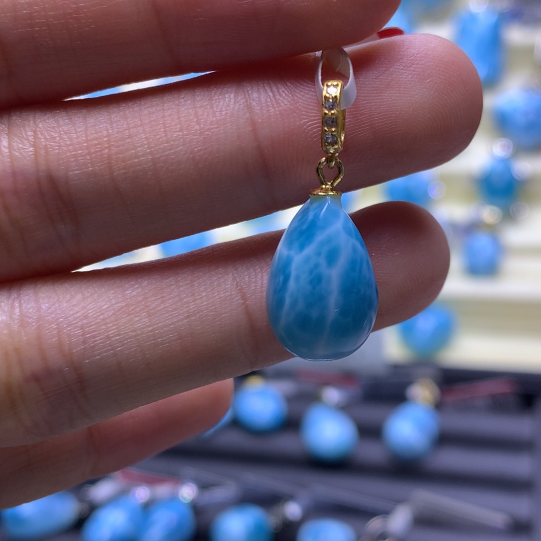 针钠钙石（海纹石）银S925镶嵌吊坠(不含链)水滴吊坠色差略异