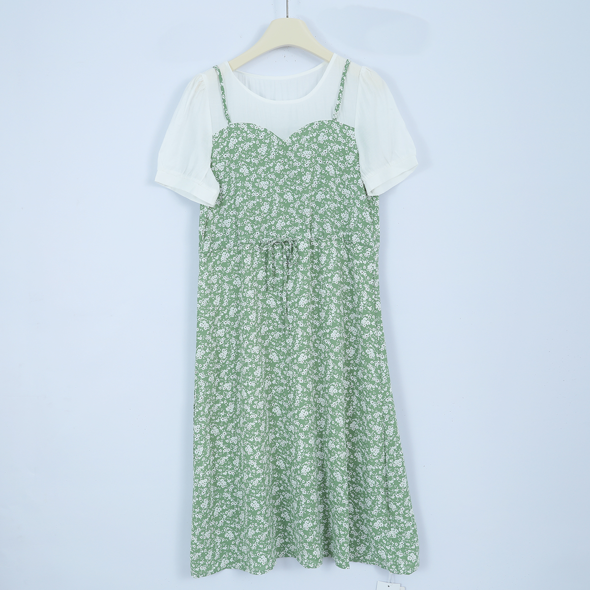 R-00105 轻薄凉爽不闷热！ 女士时尚假两件夏季短袖碎花休闲连衣裙