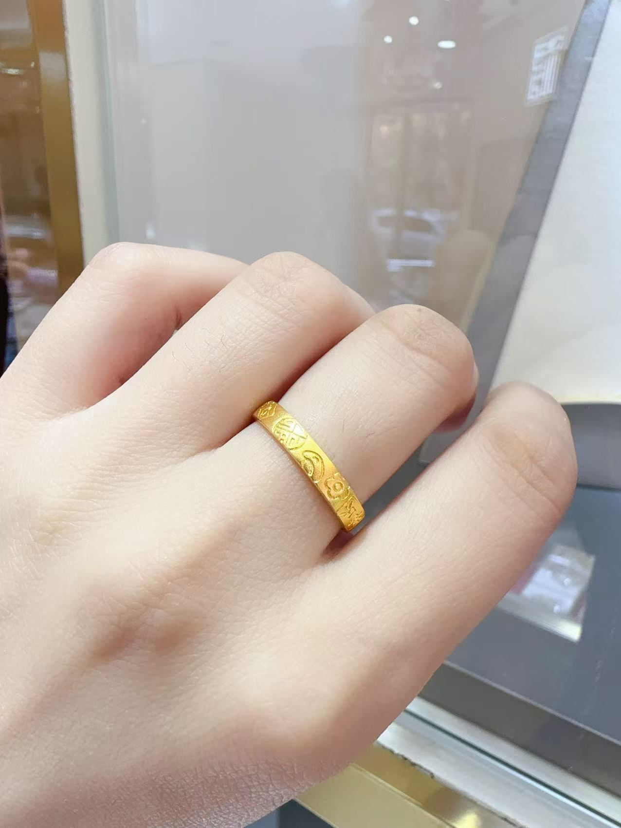 足金999古法实心吉言金戒指