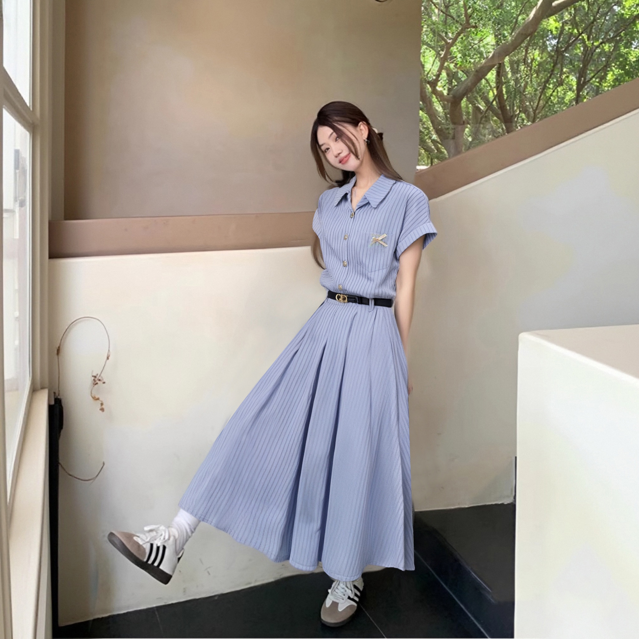 A【送腰带】文艺气质蓝色连衣裙女2025新款夏装显瘦裙子D1390