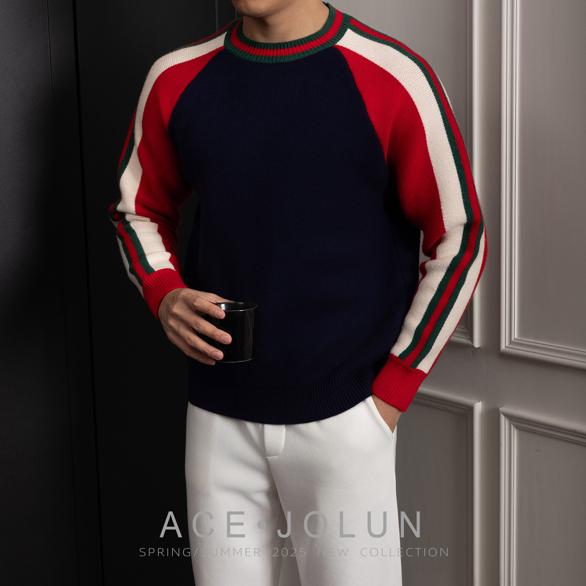 【GC拼色】经典老钱风圆领毛衣秋冬加厚正肩长袖轻奢男士套头针织衫