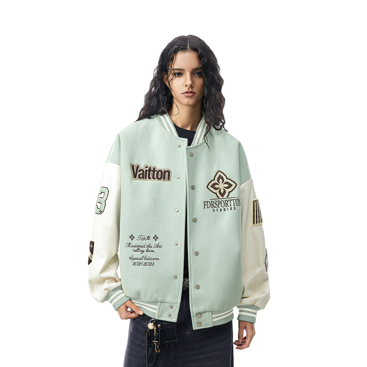 FDR官方店 菱形绣花美式运动棒球服外套男女秋季重磅情侣宽松夹克