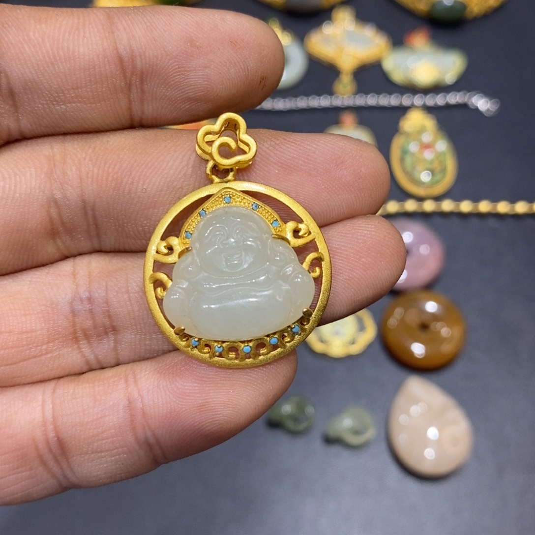 和田玉颈饰银S925镀金镶嵌