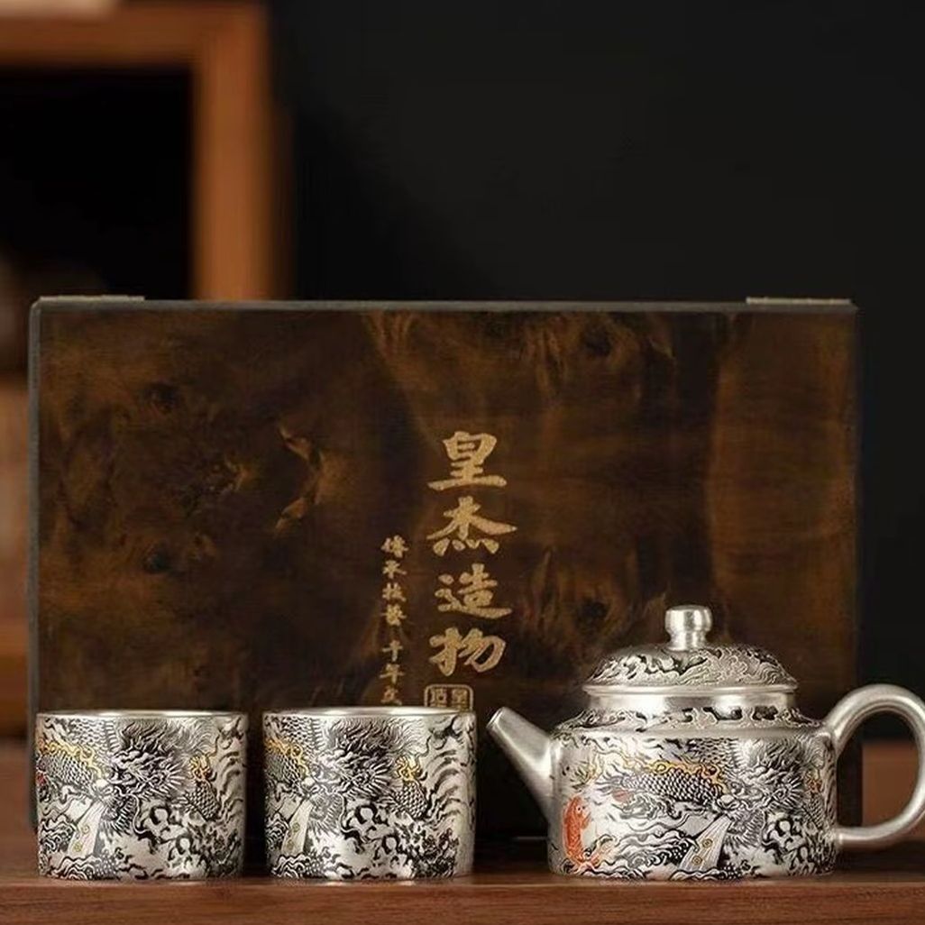 皇杰造物周鸿杰手绘墨龙银壶德钟壶中国风鎏银壶礼盒装