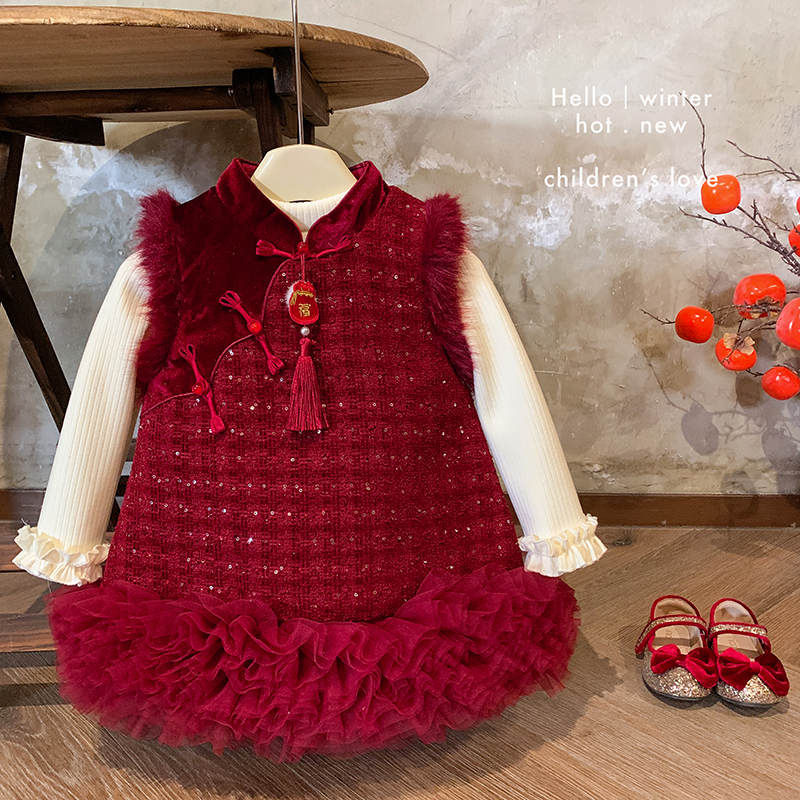 秋冬‘’福禄双收”女童加绒上衣+无袖夹棉国风连衣裙A35182