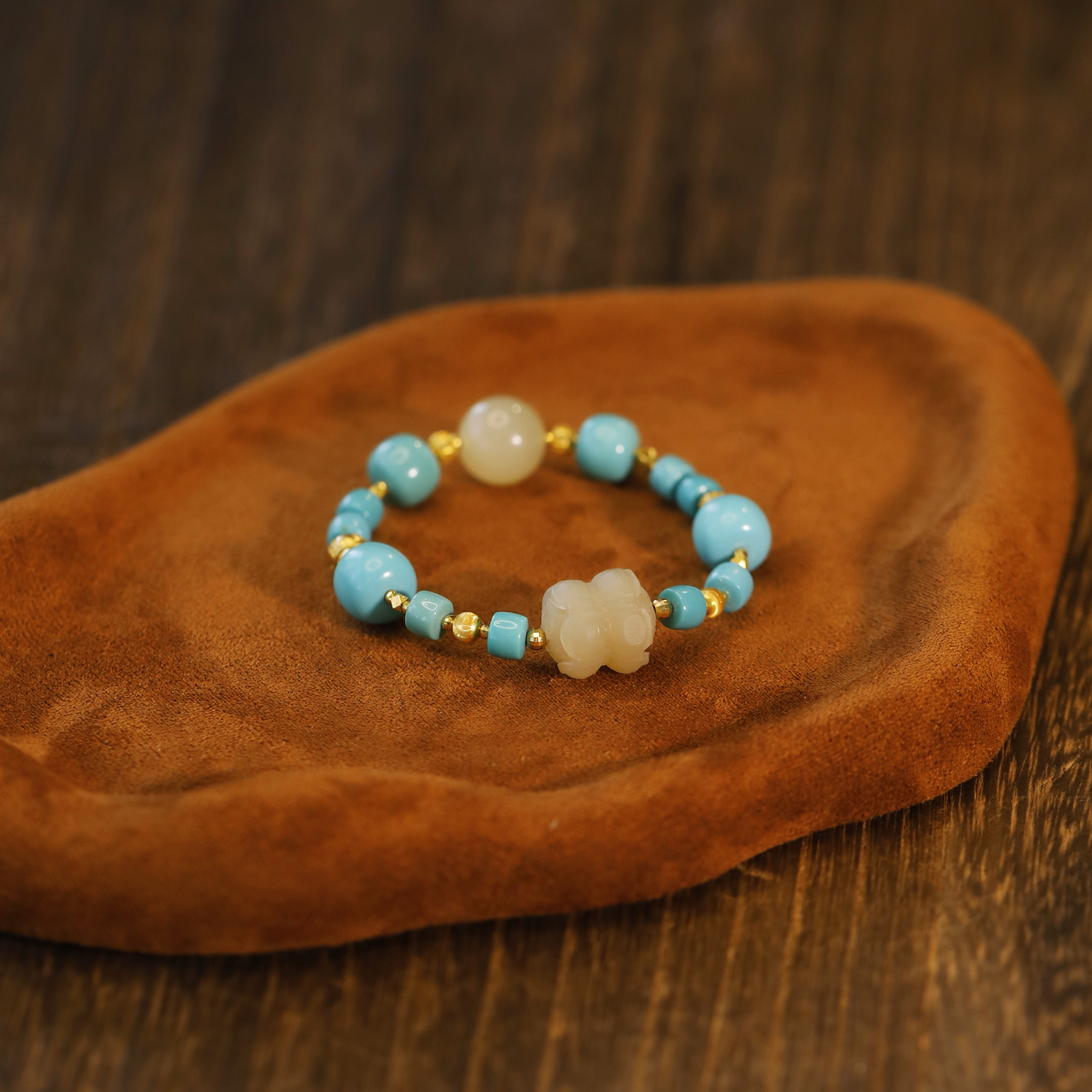 麦麦【恋依】天然绿松+藕粉并蒂莲+18K 手串 多样性发一