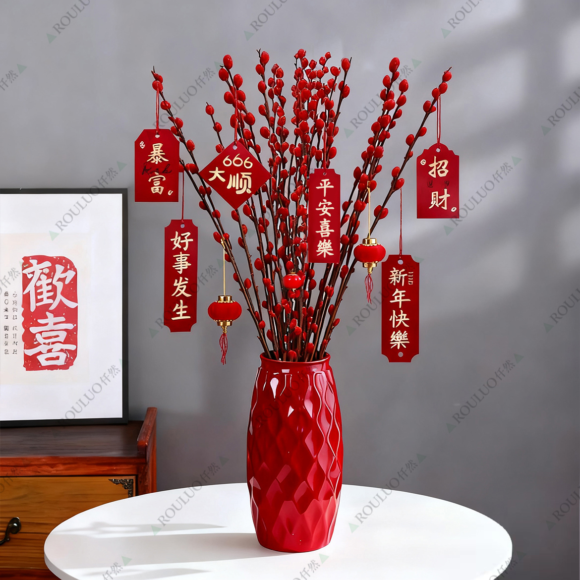 ROULUO招财银柳真花鲜枝春节年宵花卉水培植物干花红色银柳