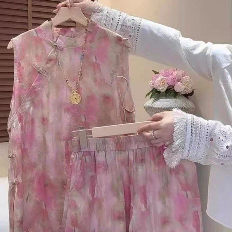 新中式国风高级感粉色马甲套装女夏盘扣无袖背心上衣短裤两件套潮