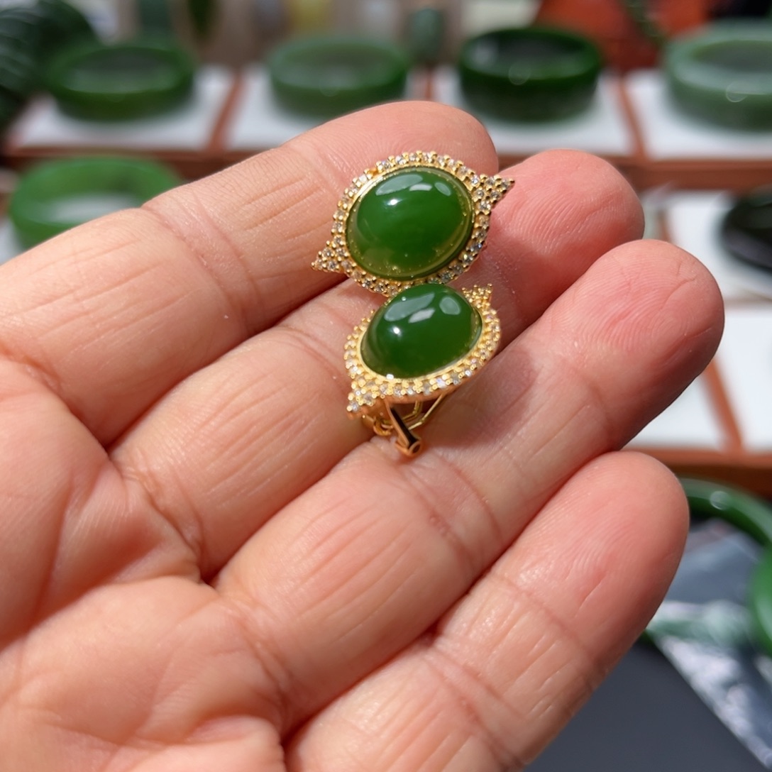 和田玉耳饰银S925镶嵌