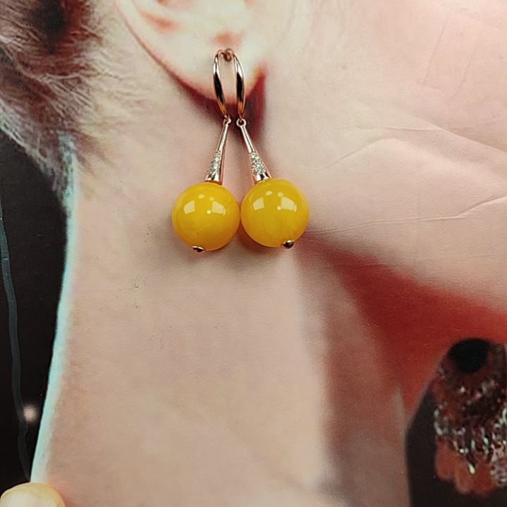 琥珀耳饰银S925镀金镶嵌