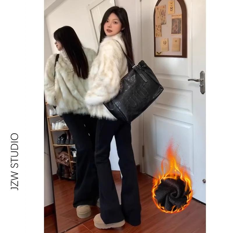 雪千羽黑色弹力加绒微喇牛仔裤女秋冬新款高腰宽松显瘦辣妹拖地裤