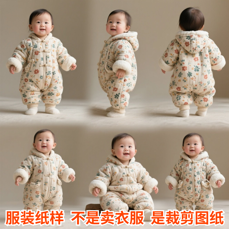 YT9004婴儿衣服样板纸样图纸闭裆连体棉衣哈衣宝宝裁剪版型样
