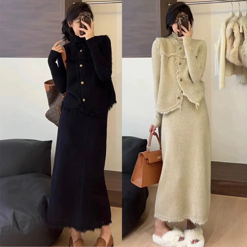 小香风套装裙马甲打底裙两件套洋气显瘦遮肉针织连衣裙8838