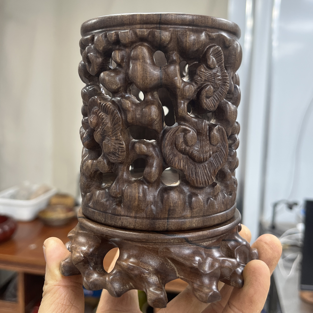 工艺品黑檀实木创意手工根雕镂空灵芝如意创意二件套收纳笔筒013