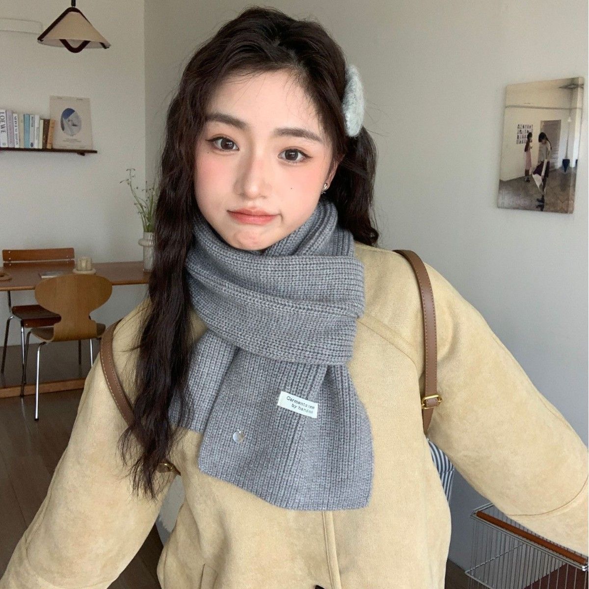 韩系针织毛线贝壳扣围巾女秋冬氛围感纯色百搭针织保暖围脖围巾