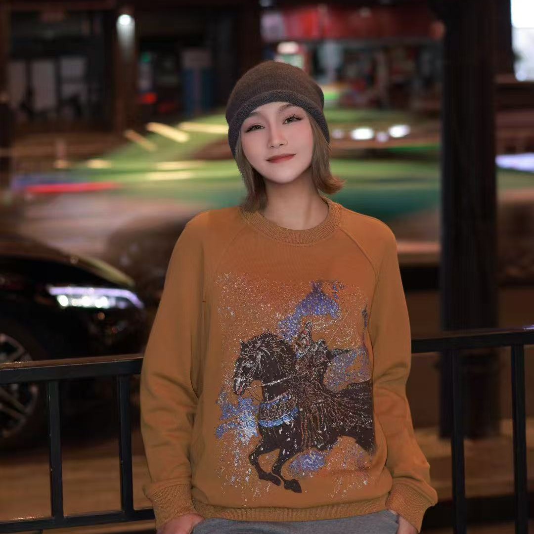 新款女装时尚休闲百搭圆领印花长袖宽松卫衣5301072