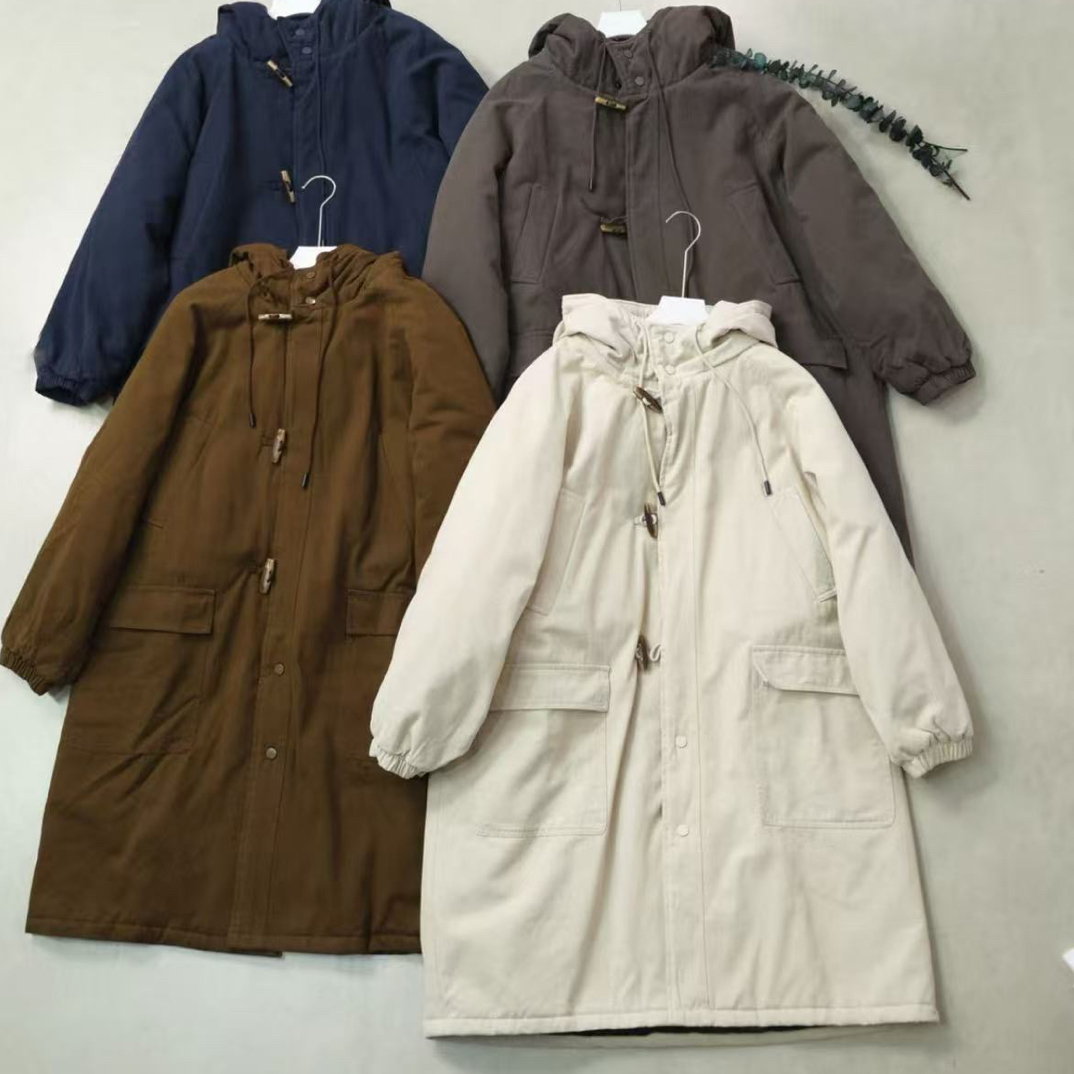日系 工装感牛角扣加厚中长款连帽遮肉棉服外套胸130长95