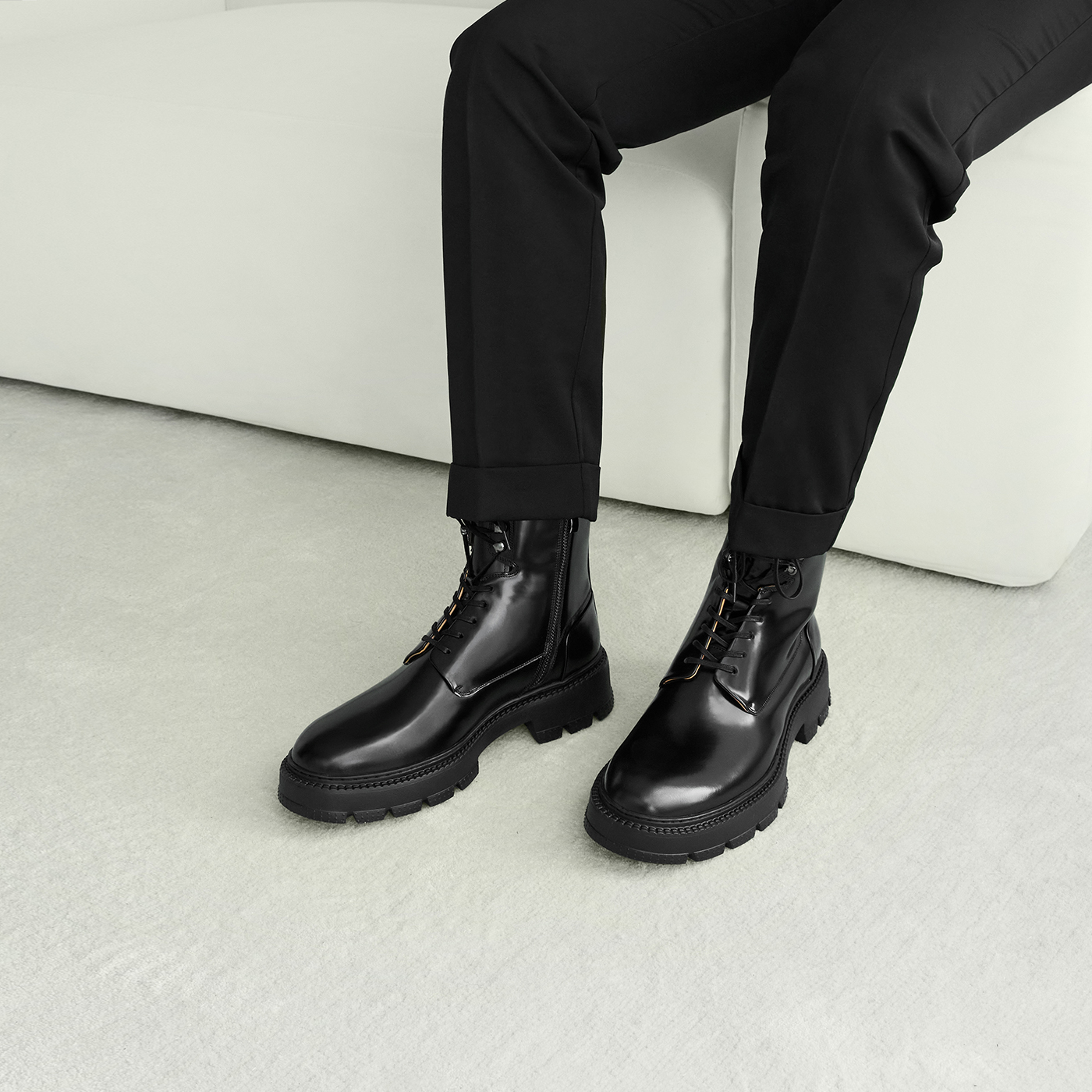 ThomWills皮鞋男款高帮黑色高端增高厚底英伦风休闲男士马丁靴