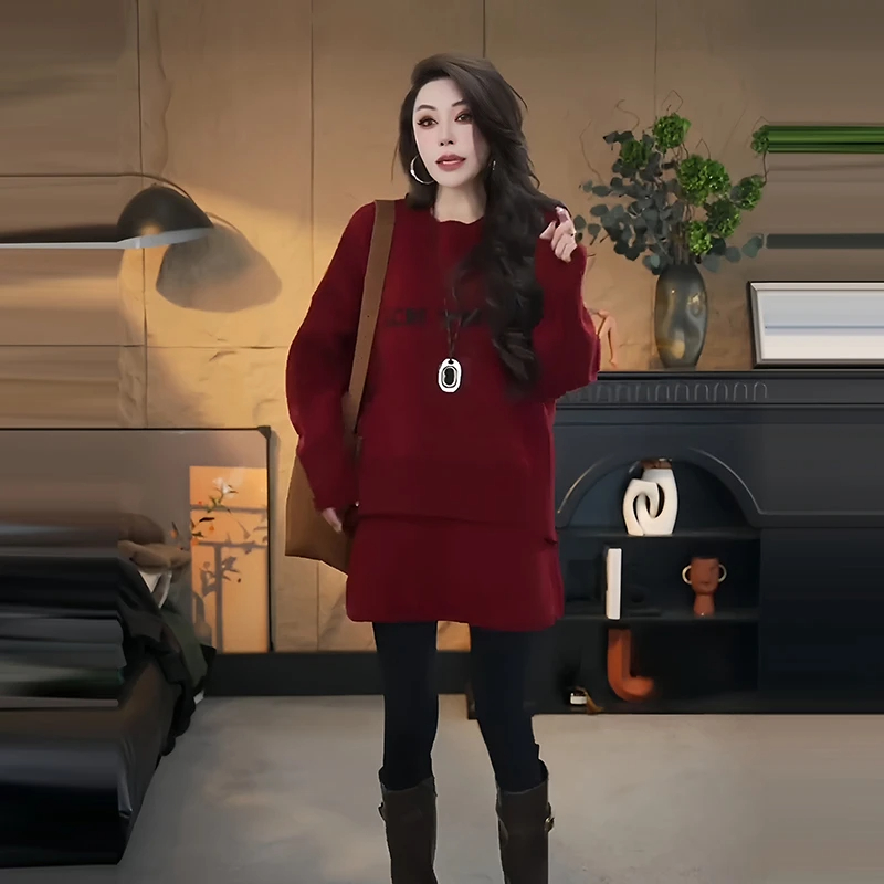 春季韩系慵懒风一整套圆领字母长袖毛衣高腰a字短裙时尚两件套女