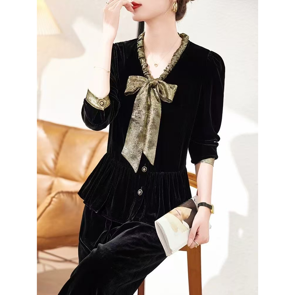 桑蚕丝丝绒真丝衬衫女长袖设计感飘带蝴蝶结2025春秋新款洋气上衣
