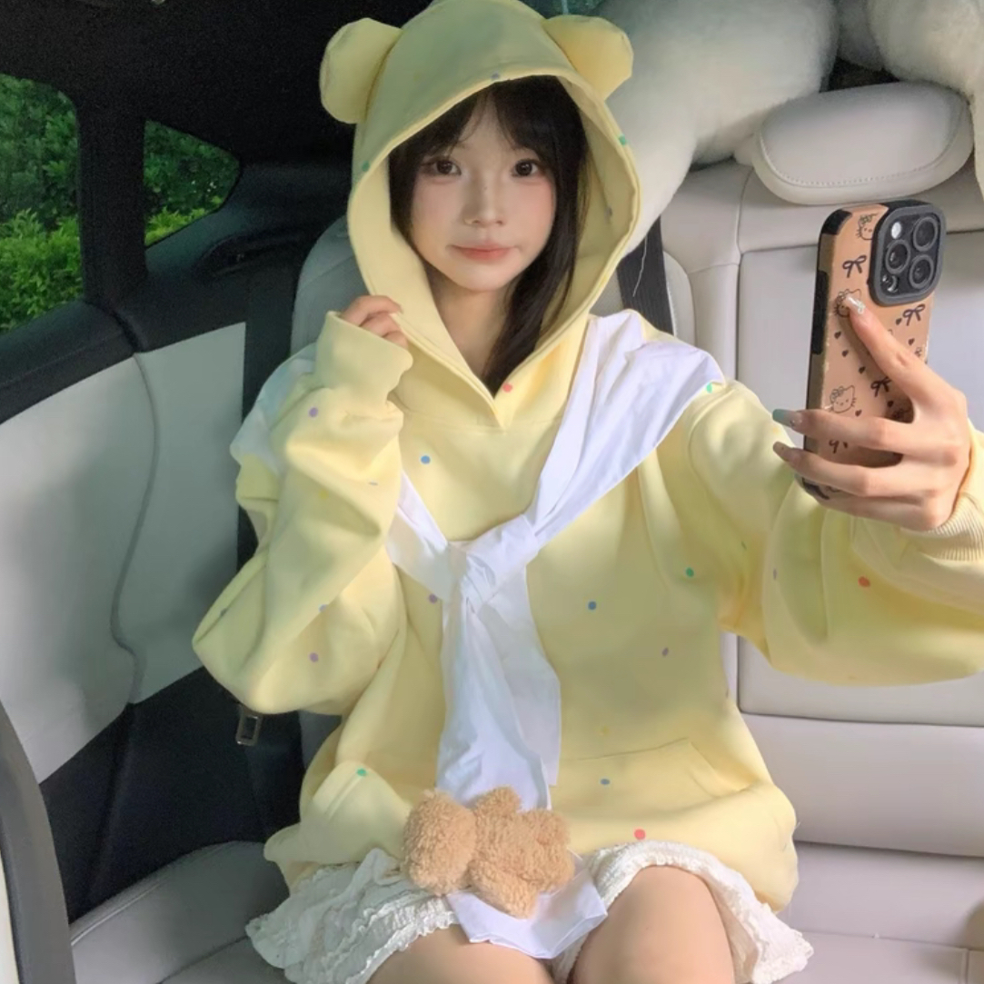 【咖喱】甜美可爱小熊耳朵连帽卫衣女春秋软萌新款披肩帽衫宽松百搭