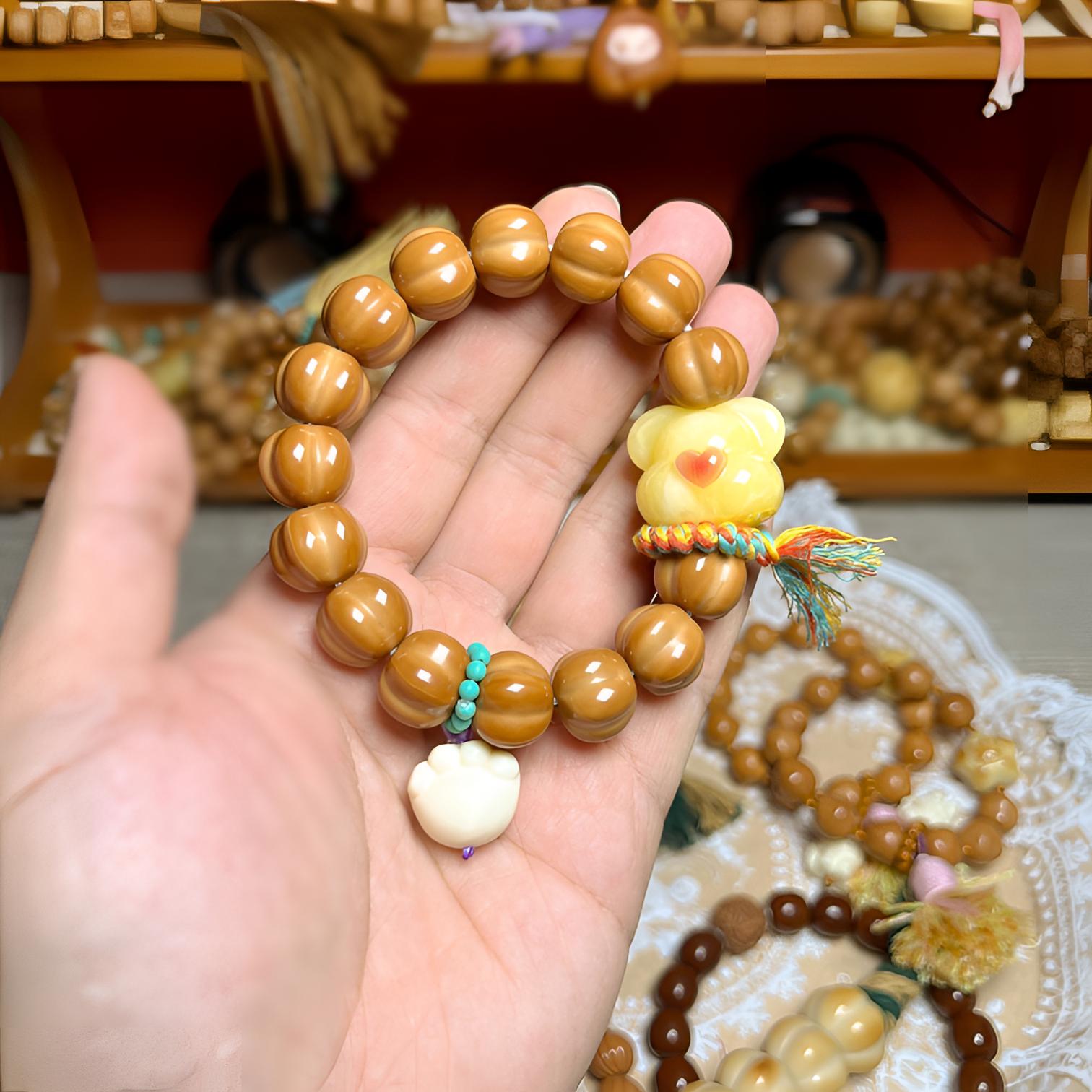 泡芙南瓜手串➕彩虹围巾熊头小猫爪卡环 猴头核桃精雕手工全品