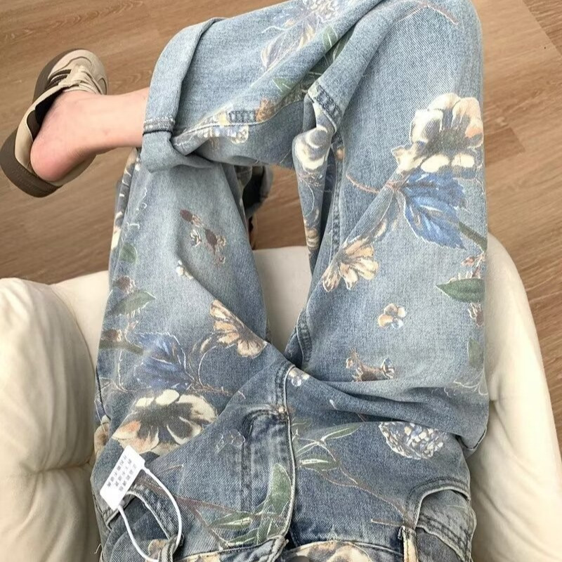 阔腿裤复古设计感印花薄款女装裤子牛仔裤花裤直筒2024年拖地裤新