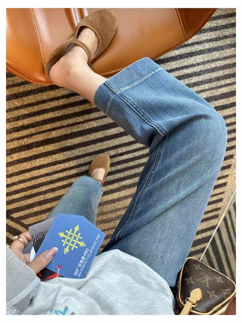 高腰直筒九分弹力牛仔裤女2025秋季新款大码胖mm百搭显瘦阔腿裤子