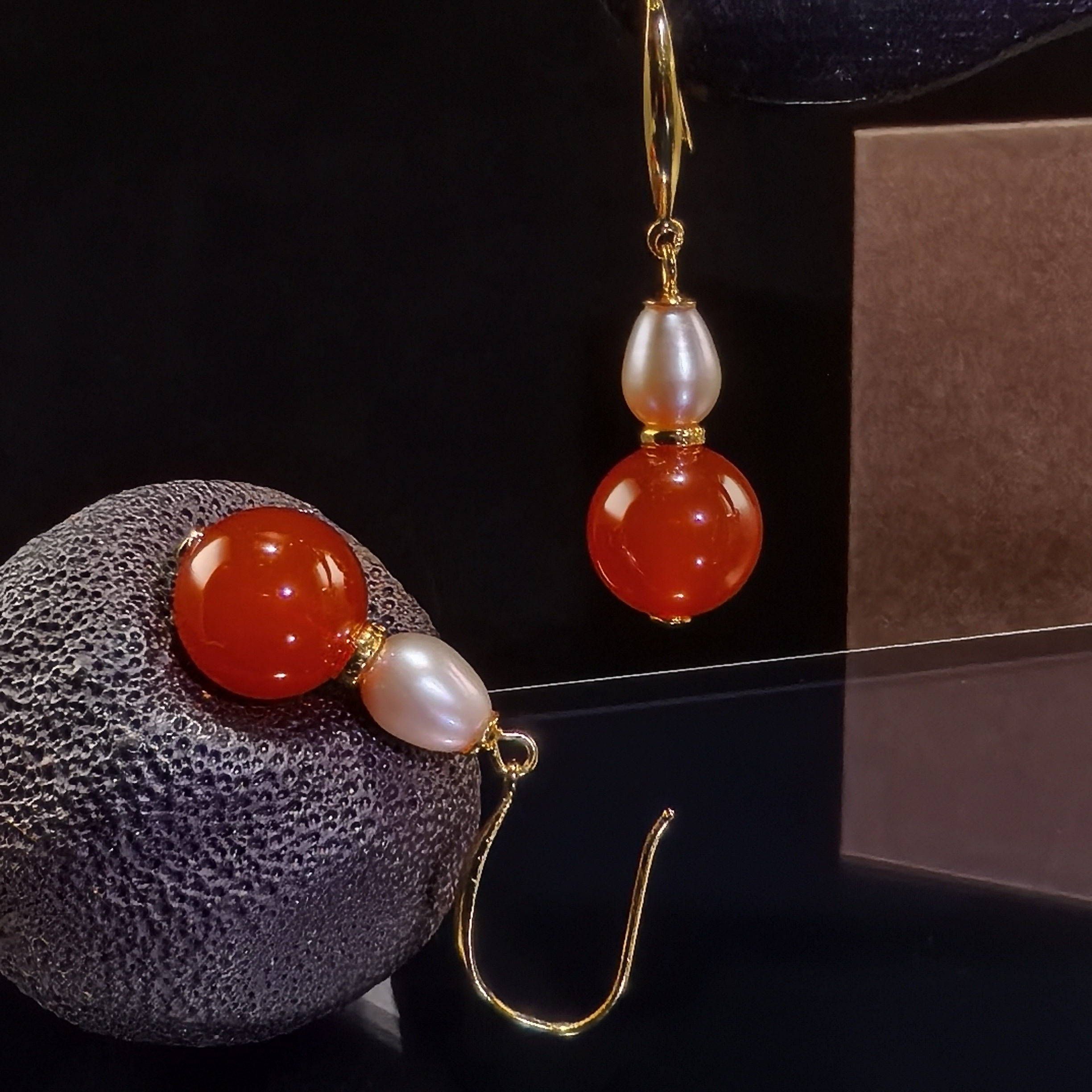 晶兴珠宝福禄 红玛瑙珍珠耳环送礼  真正珍珠耳环  天然珍珠耳饰 