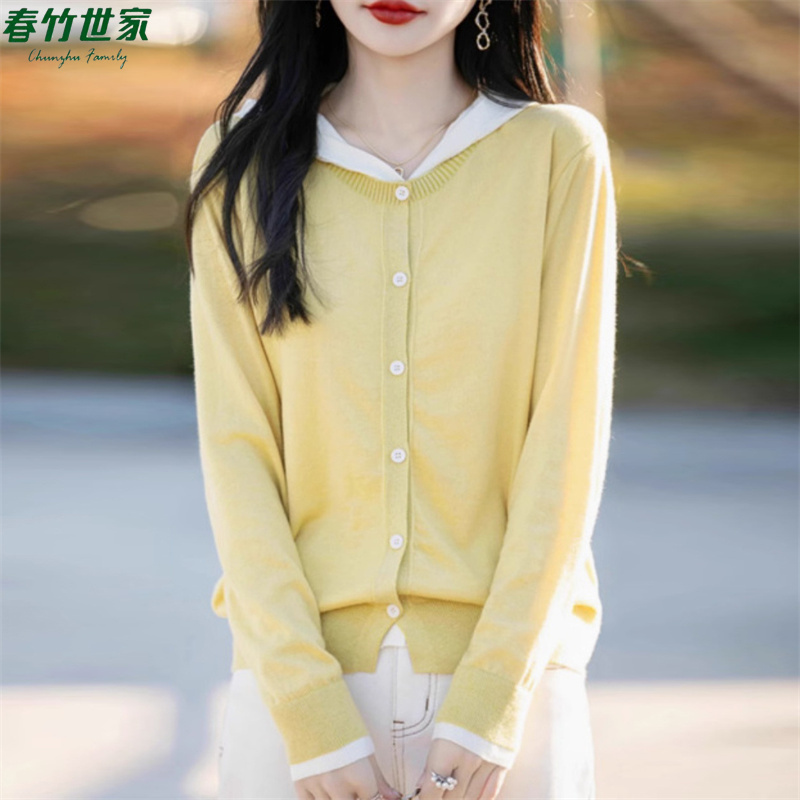 春竹世家假两件拼接羊毛开衫女秋冬连帽气质毛衣新款百搭羊绒上衣