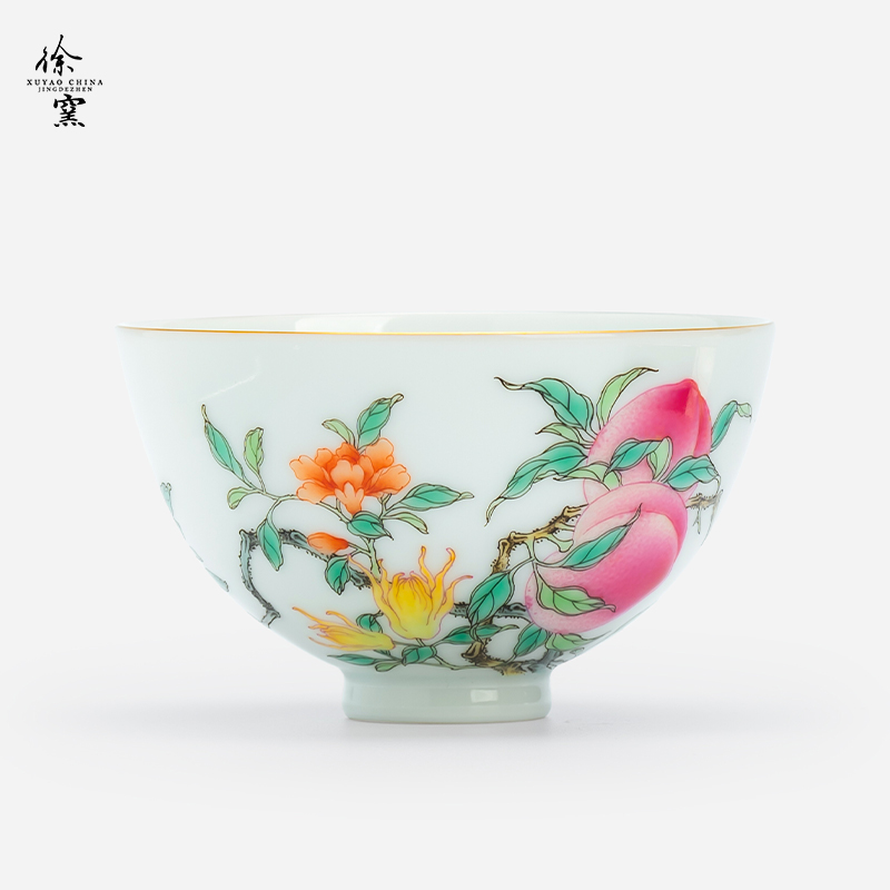 徐窑三多鸡心杯 粉彩手绘景德镇陶瓷品茗杯主人杯描金桃佛手石榴